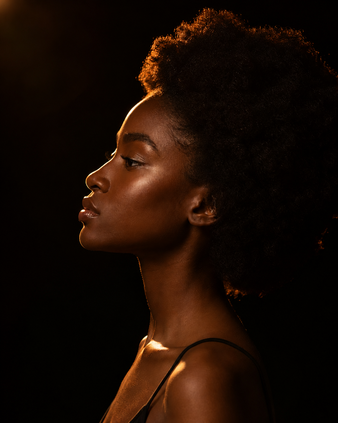 Side profile of dark-skinned woman with natural afro hair, warm amber rim lighting separating profile from dark background, rich specular highlights on cheekbones