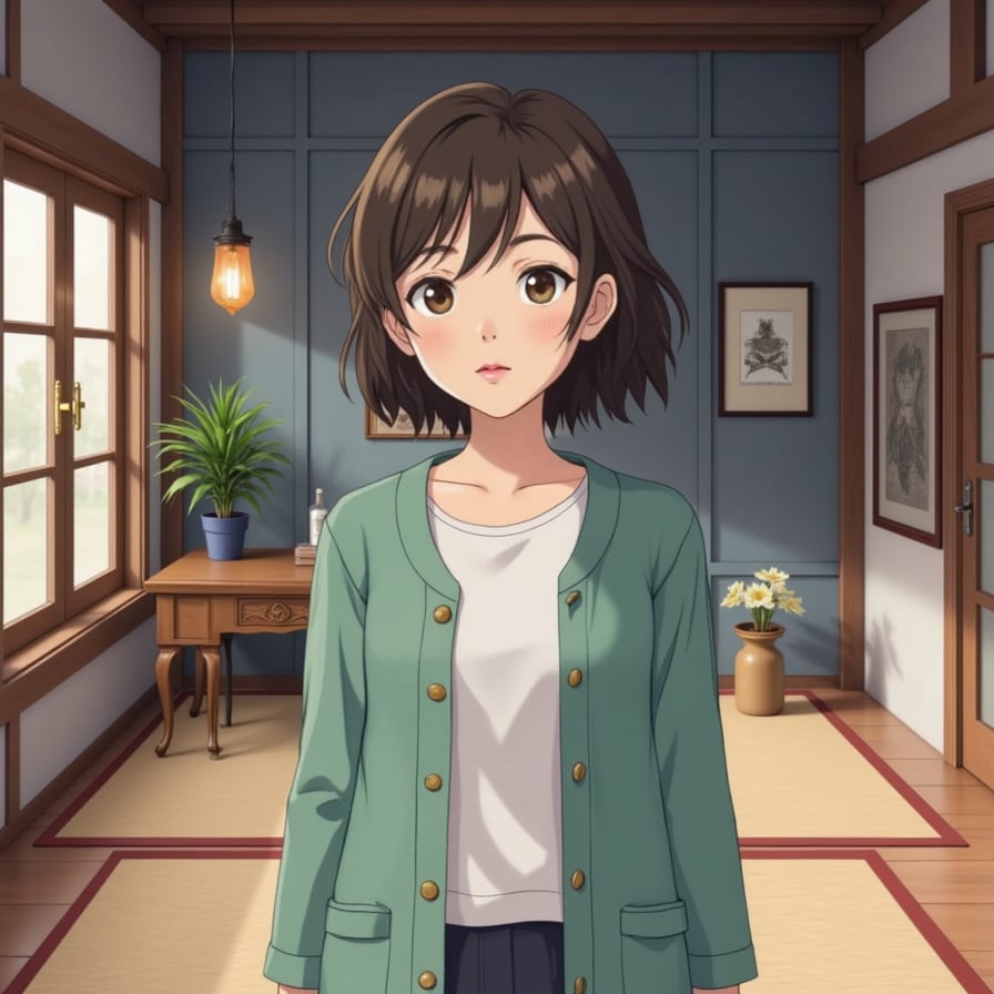 Woman prominently featured in a precise and faithful recreation of a beloved, iconic Studio Ghibli scene, maintaining the authentic visual details, atmosphere, and distinct Ghibli animation style