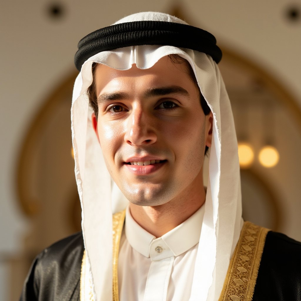 Portrait of a serene man in traditional thobe and kufi, soft warm lighting, gentle smile, peaceful expression — celebrating Mawlid with dignity