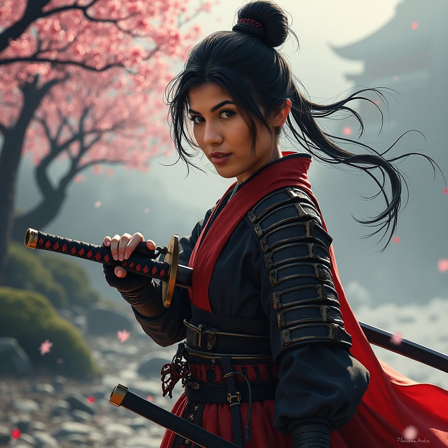 Japanese samurai girl in traditional armor, posing confidently with a katana sword, hint of determination in her eyes, against a dramatic, misty Japanese landscape background with cherry blossom trees.