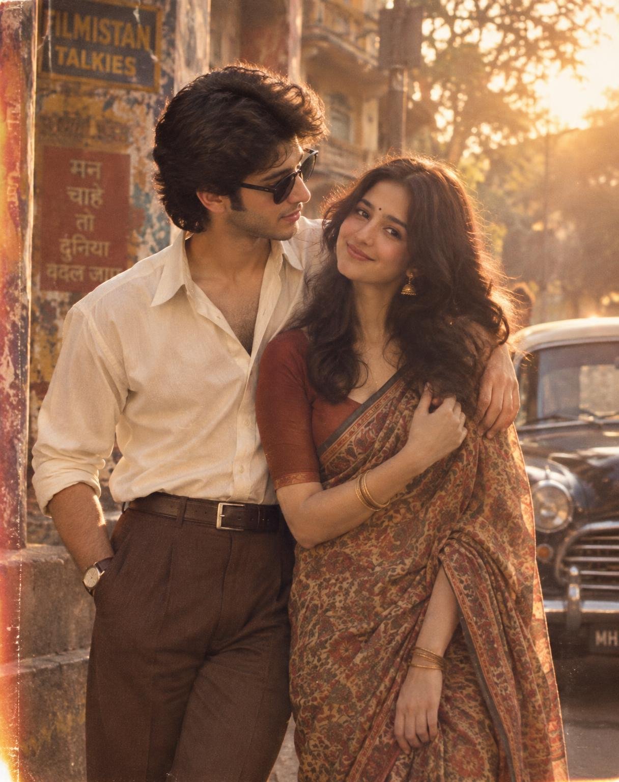 Create an ultra-realistic cinematic retro photograph of a above couple in a timeless 1980s Bollywood-inspired romantic setting.
SUBJECT & CHEMISTRY: A stylish above couple standing very close together, sharing a natural, intimate moment. The above man looks at the woman with a soft affectionate expression while she gives a subtle playful smile. Natural body language, genuine chemistry, effortless romantic connection - not overly posed.
RETRO
FASHION: The man wears a vintage cream shirt with slightly rolled sleeves, high-waisted brown trousers, classic leather belt and retro wristwatch. The above woman wears an elegant vintage printed saree in warm earthy tones with a fitted blouse, traditional gold earrings, thin bangles and a small bindi. Authentic 1970s-1980s
Indian fashion styling.
HAIRSTYLE: Voluminous
naturally styled retro hair, soft waves and authentic vintage grooming. Avoid modern salon styling.
LOCATION: vintage street corner with classic architecture, faded painted walls, an old Ambassador car in the background, vintage signboards, trees and warm evening
atmosphere.
LIGHTING: Dreamy golden-hour
sunlight, warm backlighting, soft lens flare, gentle shadows, glowing skin, atmospheric haze and beautiful cinematic separation between the couple and background.
PHOTOGRAPHY:
35mm analog film photography, Kodak-style film tones, subtle film grain, slight halation, authentic film imperfections, soft contrast, realistic skin texture, natural pores, shallow depth of field, 50mm lens, f/1.8, cinematic bokeh editorial composition.
COLOR & MOOD: Warm
mustard, cream, faded red, brown and muted green palette. Nostalgic, romantic, dreamy and emotionally intimate - like a lost frame from a classic Indian romance movie.

QUALITY: Ultra-photorealistic,
highly detailed, authentic analog photography,
8K, HDR, realistic skin texture, realistic fabric texture, natural imperfections, no plastic skin, no artificial-looking faces, no modern objects, no contemporary fashion.
OVERALL AESTHETIC
*Vintage Indian Love Story - 1980s Bollywood
Film Still**" nostalgic romance, timeless chemistry, cinematic storytelling, authentic retro atmosphere.