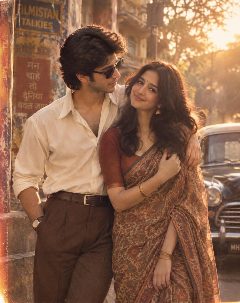 Create an ultra-realistic cinematic retro photograph of a above couple in a time