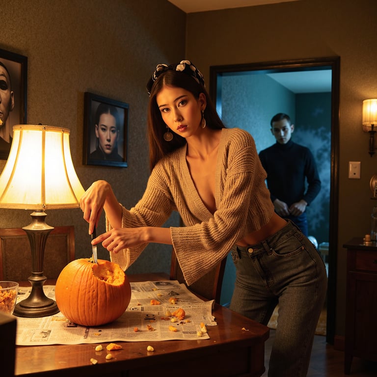 A woman stands at a retro-style wooden kitchen table, carving into a pumpkin wit