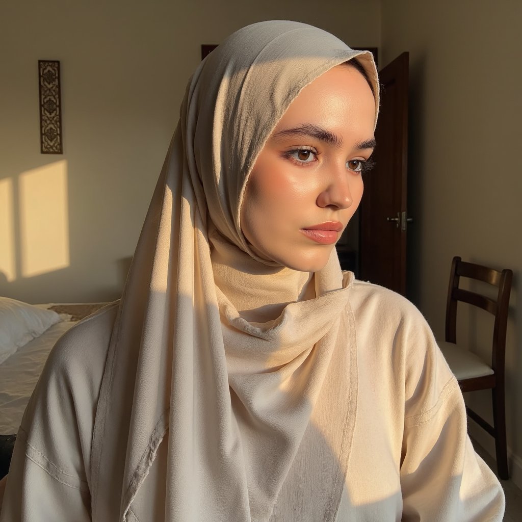 woman in a modest, graceful look, with her hair respectfully covered in a soft draped fabric. She is photographed in a warm, serene setting with soft lighting and gentle shadows that enhance her peaceful expression. The background features minimal Islamic design accents, softly blurred. Her appearance radiates quiet reverence and dignity. Hyper-detailed, soft tones, respectful styling, spiritual calm.