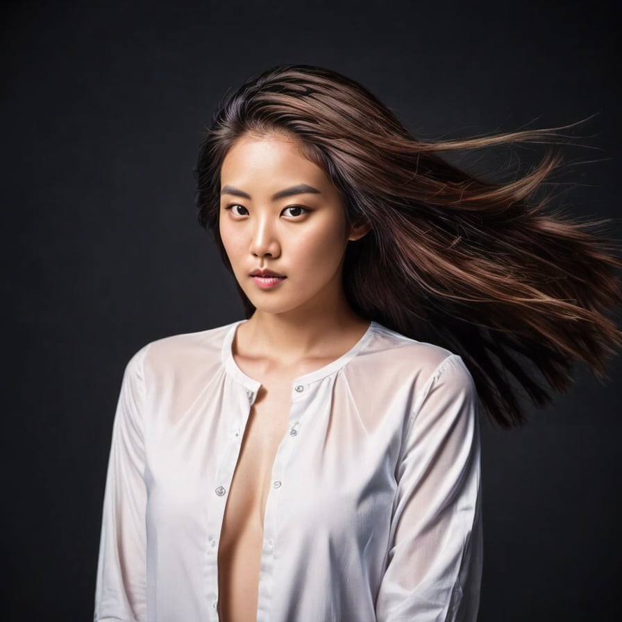 Woman in evening gown, dramatic lighting, sunset cityscape backdrop.