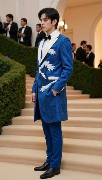 Background: actual 2026 Met Gala setting at the Metropolitan Museum of Art, grand stone steps, tan stone-garden carpet with moss-green patches, soft wisteria floral framing, polished marble, warm evening gala lighting, subtle photographers blurred in the background.
Model: fictional male model wearing a dramatic blue-and-white couture suit inspired by The Great Wave, with a sculptural wave-shaped overcoat, layered foam-like beadwork, sharp tailored trousers, and a high collar; standing in a strong side-facing pose with one hand adjusting the coat.
Camera: low three-quarter full-body angle, cinematic editorial flash, sharp textile detail.