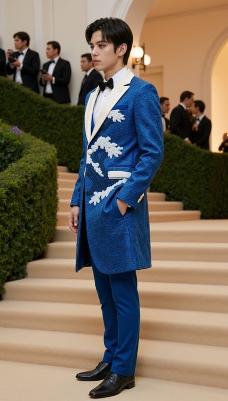 Background: actual 2026 Met Gala setting at the Metropolitan Museum of Art, grand stone steps, tan stone-garden carpet with moss-green patches, soft wisteria floral framing, polished marble, warm evening gala lighting, subtle photographers blurred in the background.
Model: fictional male model wearing a dramatic blue-and-white couture suit inspired by The Great Wave, with a sculptural wave-shaped overcoat, layered foam-like beadwork, sharp tailored trousers, and a high collar; standing in a strong side-facing pose with one hand adjusting the coat.
Camera: low three-quarter full-body angle, cinematic editorial flash, sharp textile detail.