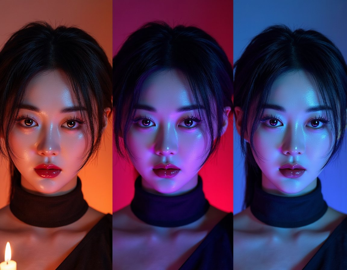 3-panel visual showing halloween ai portraits with different lighting - (1) orange candlelight glow, (2) purple neon edge lighting, (3) cool blue moonlight, all realistic, cinematic, HDR, minimal background
