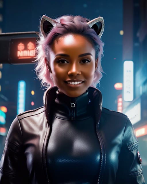 female character, grimes neofantasy anime CRISPR, anime girl, futuristic, cyberpunk, dark skin, grey and pink hair, neon Japan background, phone selfie, racoon tail, racoon ears, 8k, details