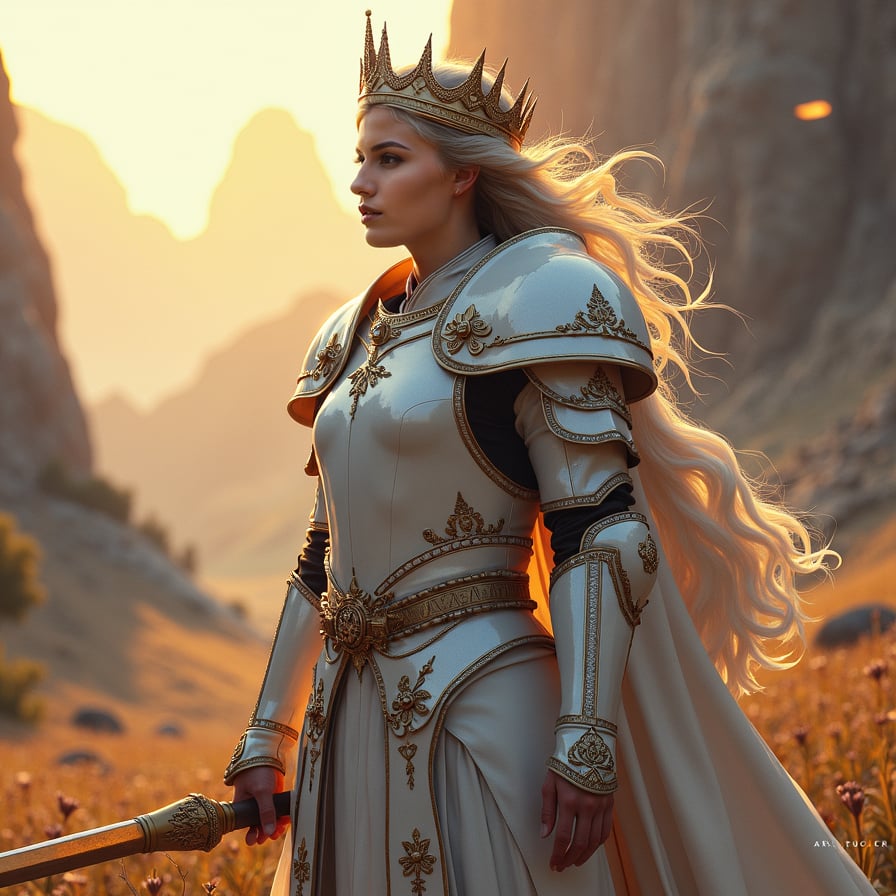 Female paladin, white armor, detailed, magical backdrop.