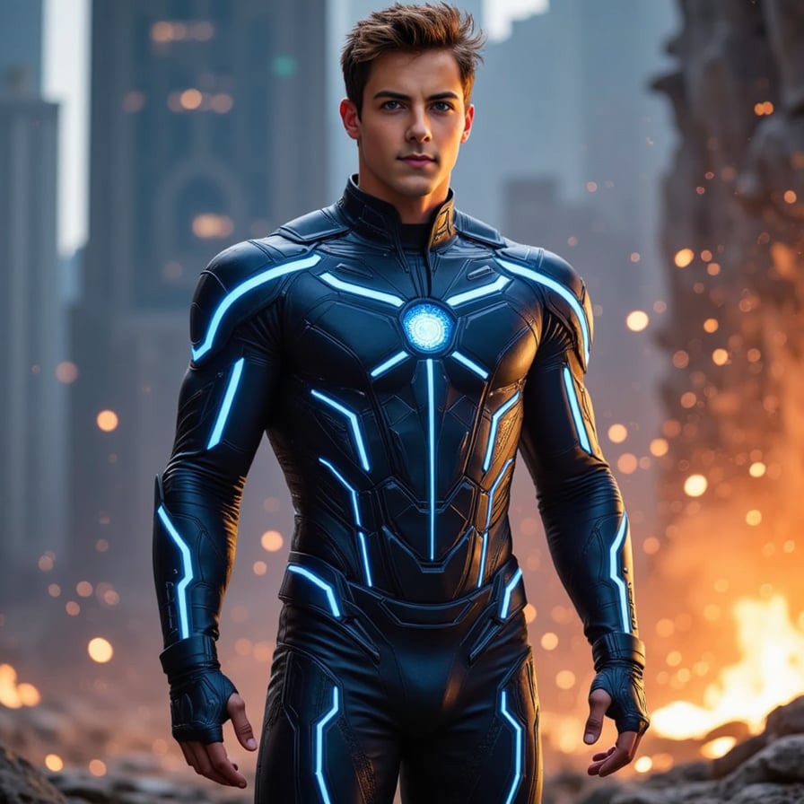 Powerful male superhero, new generation Avenger, armored futuristic suit with glowing blue tech lines, standing in front of a destroyed skyline, ash and sparks flying, heroic gaze, MCU cinematic vibes