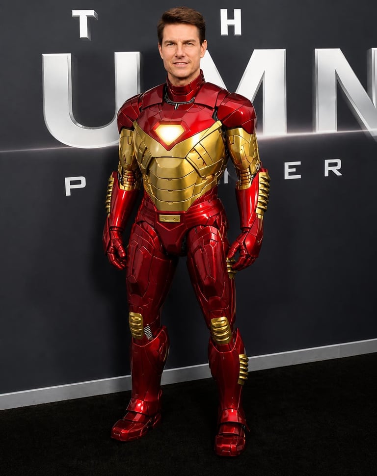 replcae outfit of tom cruise in image 1 with iron man suit in image 2.