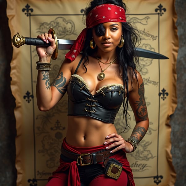 woman in a bold, provocative pirate costume, complete with a fitted corset, flowing pirate pants, and a bandana, posing seductively with a fake sword and a treasure map in the background, capturing the essence of swashbuckling adventure and pirate charm, dramatic lighting with a warm color tone, posing for a poster.