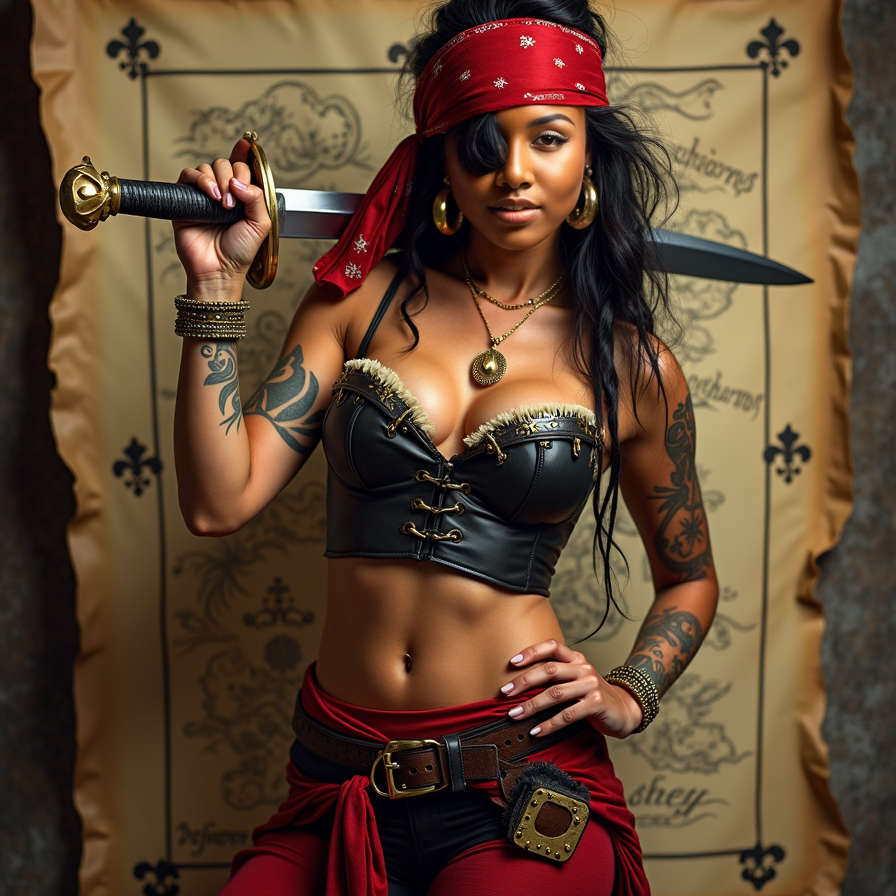 woman in a bold, provocative pirate costume, complete with a fitted corset, flow