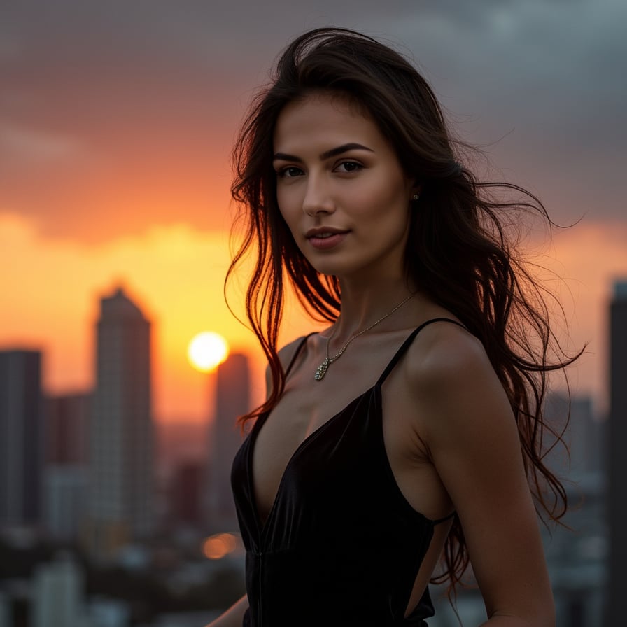 Woman in evening gown, dramatic lighting, sunset cityscape backdrop.
