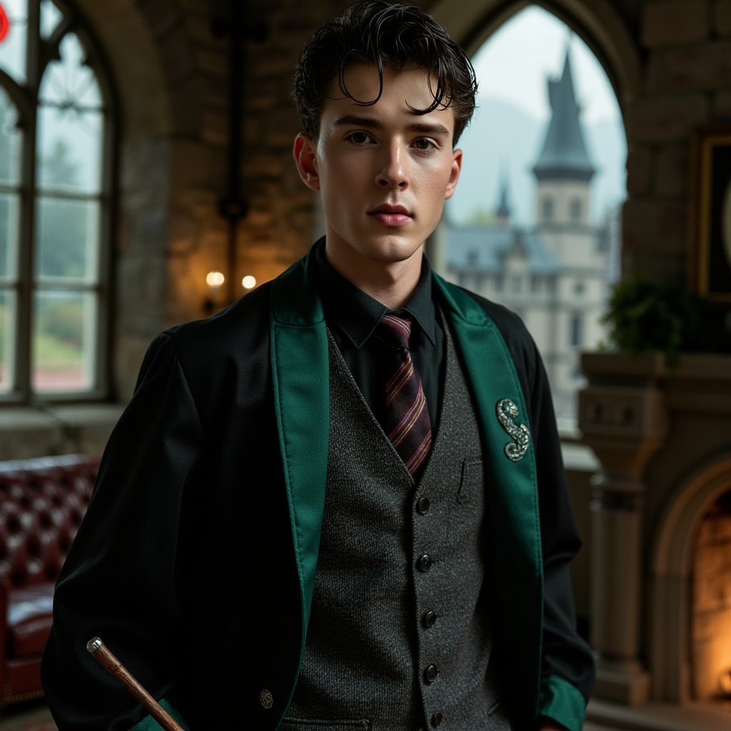 Three-quarter body shot of a teenage wizard with sharp jawline, slicked-back dark hair, pale skin tone with subtle pink undertones, wearing a deep emerald-lined robe with matte serpent embroidery barely catching the light. Under-robe: charcoal waistcoat with faint herringbone pattern, silver cufflinks glinting. Standing with one hand in pocket, chin tilted in quiet defiance. 50mm f/2.0, moody green ambient light from stained-glass windows and warm underglow from a low fireplace. Background: tufted leather sofa and stone arch with moss detailing, softly blurred to remove distraction.