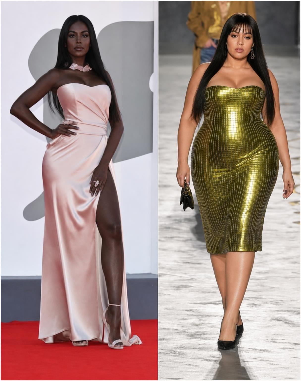 STRICT EDIT — change ONLY body fat and skin colour between the two women.
Swap their body-fat levels and skin tones with each other, while keeping every other attribute belonging to its original person.
Woman 1 (pink satin gown/red carpet): Give her the very slim, lean runway-model body-fat level and deep dark skin tone of Woman 2. The transformation must be clearly visible across her face, cheeks, jawline, neck, shoulders, arms, waist, stomach, hips, thighs and legs. Her face should become naturally leaner to match the new low body-fat level, but do NOT change her facial identity or facial features. Keep her original pink gown, hairstyle, jewellery, heels, pose, proportions/height and red-carpet background exactly unchanged.
Woman 2 (metallic green runway dress): Give her the fuller, curvier body-fat level and lighter/tan skin tone of Woman 1. Add realistic corresponding fullness to her face/cheeks, neck, arms, bust, waist, stomach, hips, thighs and legs, while preserving her exact identity. Keep her original metallic green dress, long hair with bangs, accessories, runway pose, height and runway environment unchanged.
The skin-tone swap must be complete and uniform from face to feet, including neck, chest, arms, hands and legs—no mismatched patches. Body-fat changes must affect the faces as well as the bodies.
DO NOT swap faces. DO NOT swap outfits. DO NOT swap hairstyles, poses, backgrounds, accessories, height or identities. DO NOT redesign either dress. This is exclusively a body-fat + skin-colour swap. Photorealistic, anatomically natural, realistic skin texture, original lighting preserved, no beautification or AI-looking smoothing.
