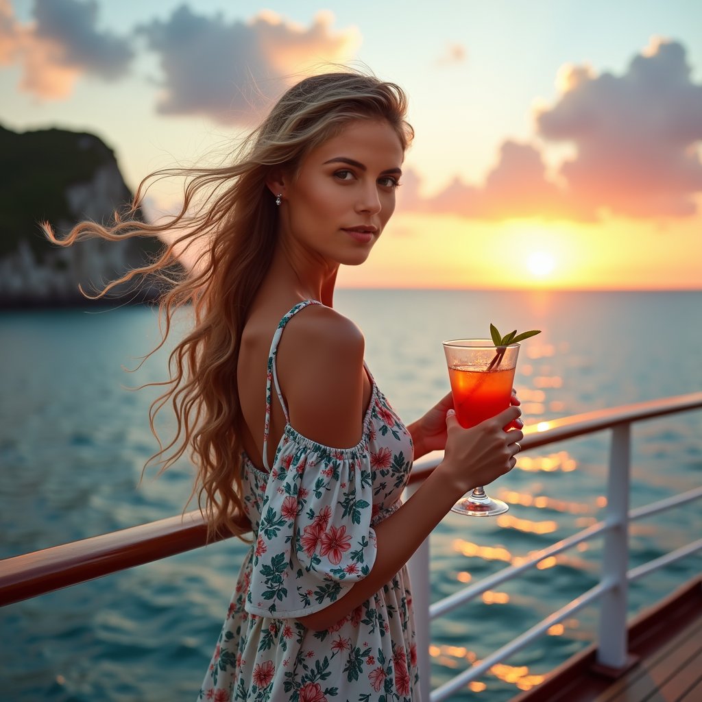 Woman in sundress, cruise deck, sunset, relaxed pose.
