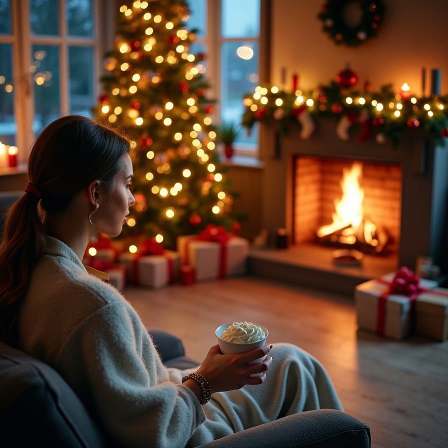 A softly lit living room at night, centered around a glowing fireplace. A plush armchair faces the fire, a steaming mug of hot chocolate with whipped cream rests on a side table, and subtle holiday decorations add to the warm, inviting atmosphere