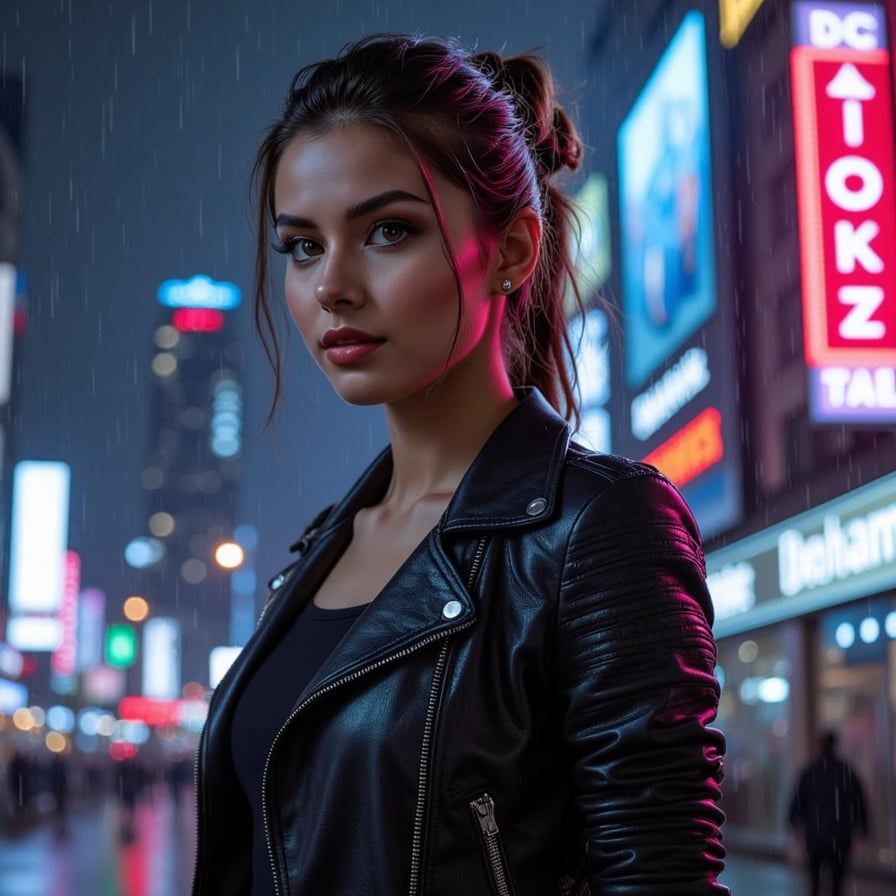 Cyber-enhanced woman, cyberpunk cityscape, neon lights, intense, cinematic.