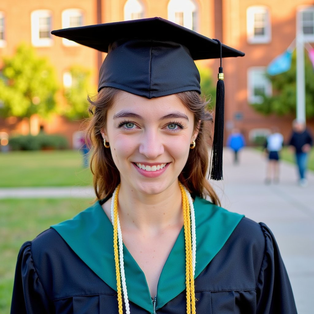 Waist-up portrait of a woman graduate on a campus quad at golden hour, shoulders angled, chin slightly lowered, soft closed-lip smile; wearing a black gown with double honor cords (gold & white) and a deep green satin stole; natural curls gathered into a low ponytail, a few tendrils framing her face; camera slightly above eye level for a flattering angle; 135mm equivalent, f/2.2, ISO 100; backlit rim light outlining the mortarboard and hair, with a large reflector in front for gentle fill; background: brick administration building, flags and spring foliage blurred into warm bokeh; texture notes: subtle stitching along the stole edge, fabric grain on the gown sleeves, tassel threads separated; minimal clutter, buttery background, skin texture preserved, highly detailed, highly realistic, HDR.