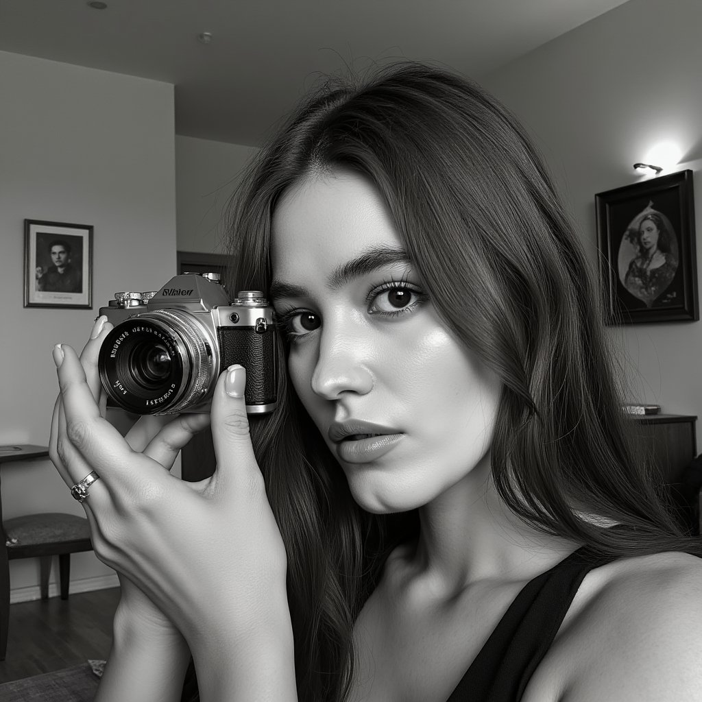 Classic black and white headshot of a focused photographer peering through the viewfinder, timeless expression, elegant lighting, World Photography Day concept