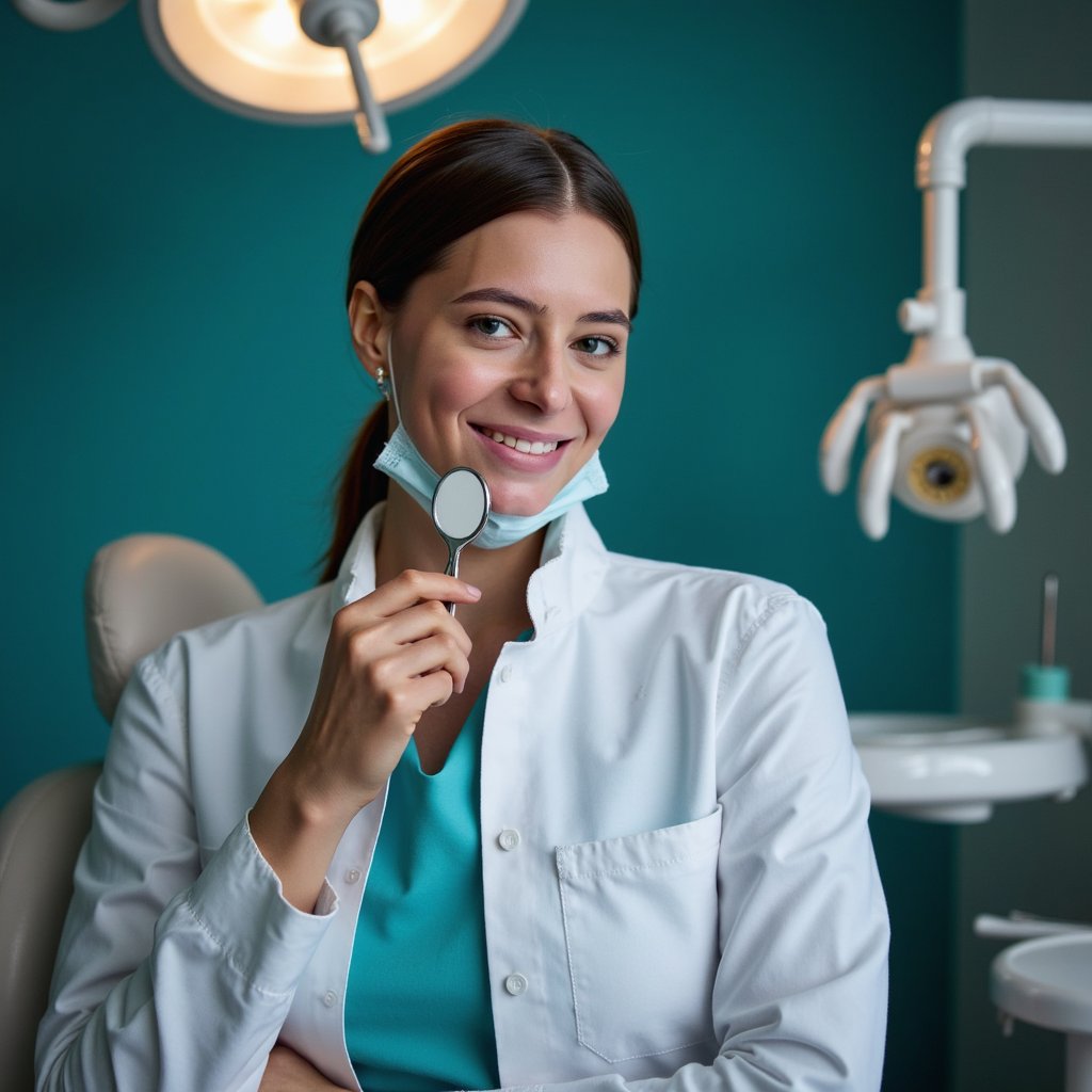Highly detailed, highly realistic HDR portrait of a woman dentist in teal scrubs under a white coat; hair in tidy ponytail, disposable mask lowered under chin. Camera: 50mm lens, f/2.0, ISO 320, chest-up, direct eye-level. Lighting: overhead dental lamp feathered as soft key, bounced reflector fill from camera left; faint natural chin shadow. Pose: holding dental mirror in right hand, gentle reassuring smile. Background: blurred dental chair and instruments, sterile and uncluttered