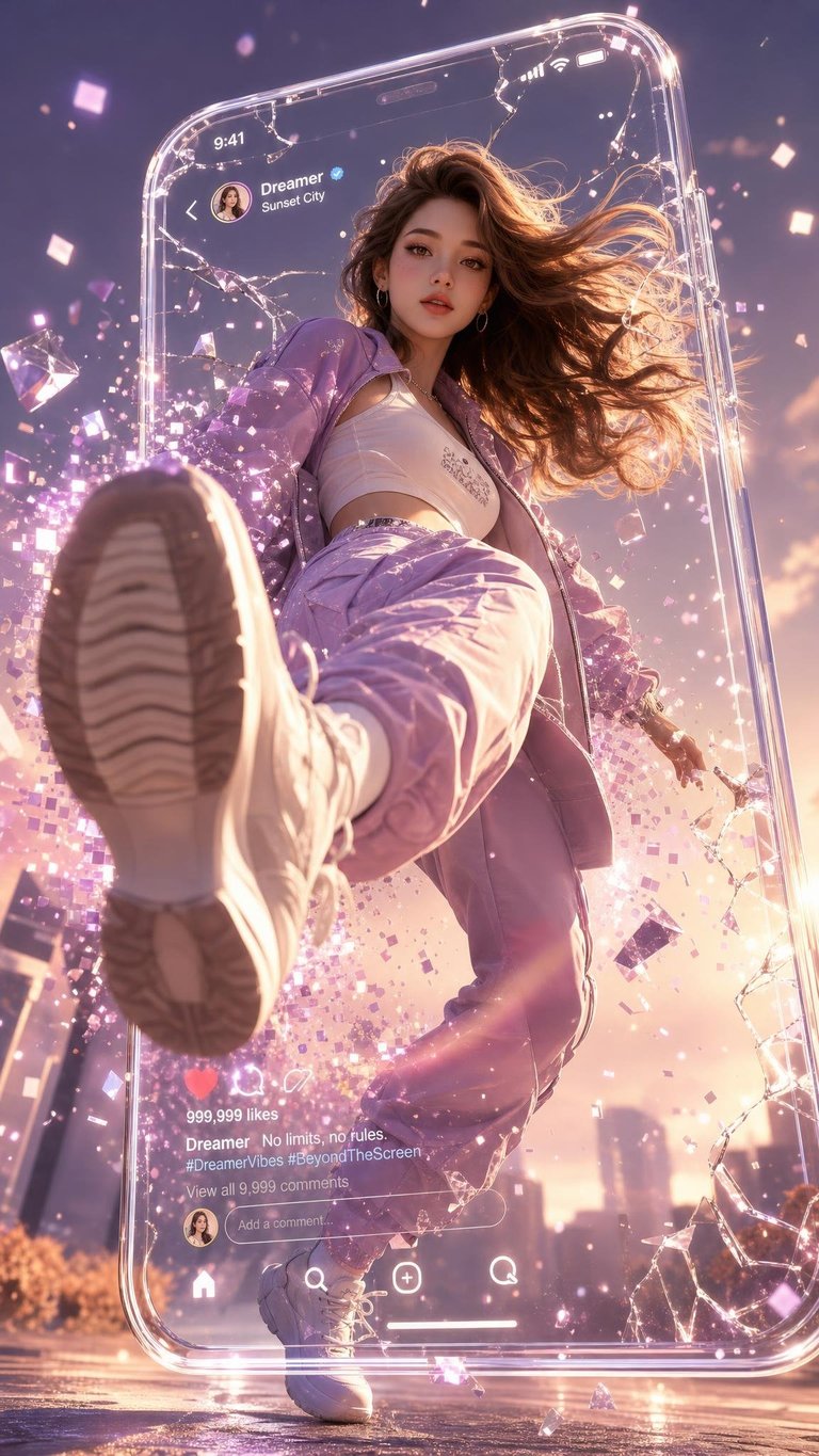 A stunning girl with an elegant temperament, positioned within a 3D transparent 
