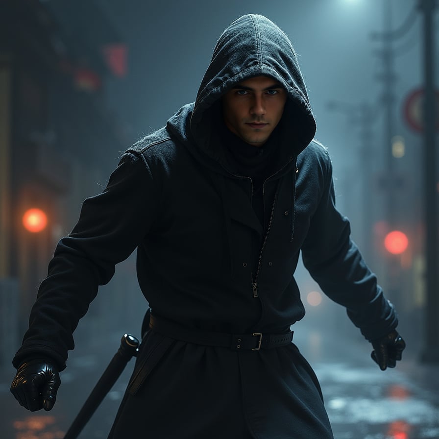 Ninja warrior, stealthy, hooded, shadows, photorealistic, detailed.