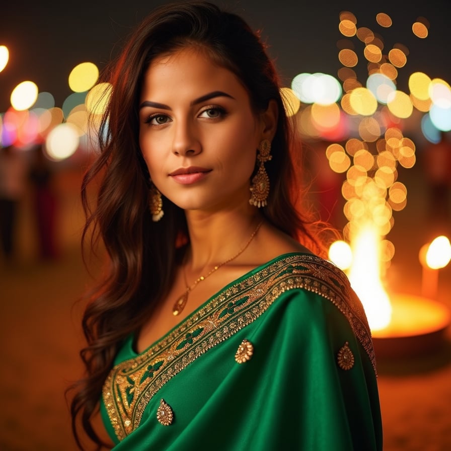 woman in a vibrant green saree, adorned with intricate embroidery and sequins, standing against a stunning nighttime backdrop, under the soft glow of twinkling lights, with a subtle Indian-inspired jewelry and a radiant smile