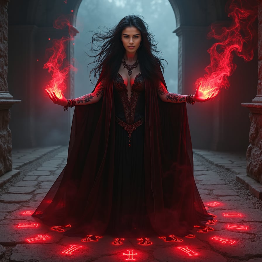 Show a powerful blood mage vampire casting a ritual in a dark underground chamber, illuminated only by the glow of red symbols carved into the stone floor. She has wild, dark hair, intricate tattoos covering her arms, and wears a cloak that looks like flowing blood. Her hands are raised, and magical red energy swirls around her, filling the air with an ominous glow. The chamber is ancient and cavernous, with walls covered in strange, forbidden symbols.