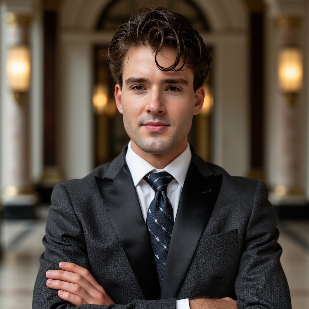 Highly detailed, highly realistic HDR portrait of a man banker in a tailored charcoal three-piece suit with satin lapel, silk tie, polished leather shoes; neatly combed hair with side part. Camera: 135mm lens, f/2.8, ISO 400, shoulder-up compression shot for dramatic bokeh. Lighting: warm tungsten practicals as back glow, soft key from camera left; shadow contours cheek and nose. Pose: arms crossed in front of chest, confident but approachable smile. Background: blurred grand marble interior with tall pillars and soft lamps, minimal clutter
