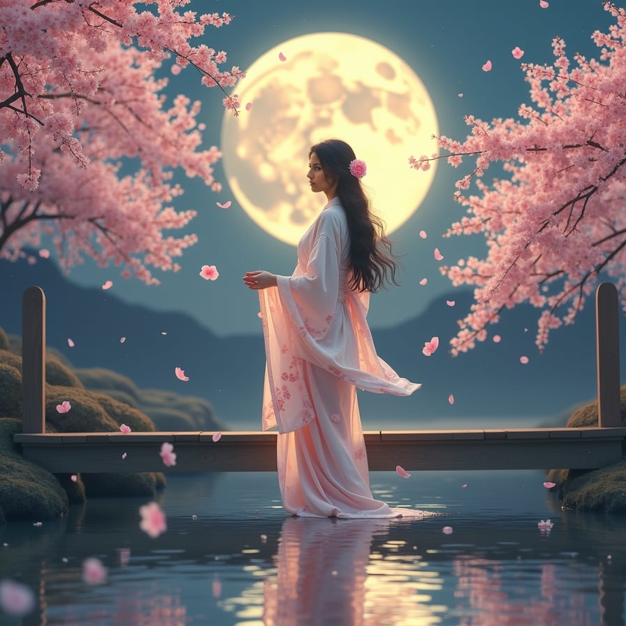 A mysterious woman in a white kimono stands on a wooden bridge under a glowing full moon, surrounded by cherry blossoms. The petals shimmer in the moonlight as a calm river flows beneath her, reflecting the stars