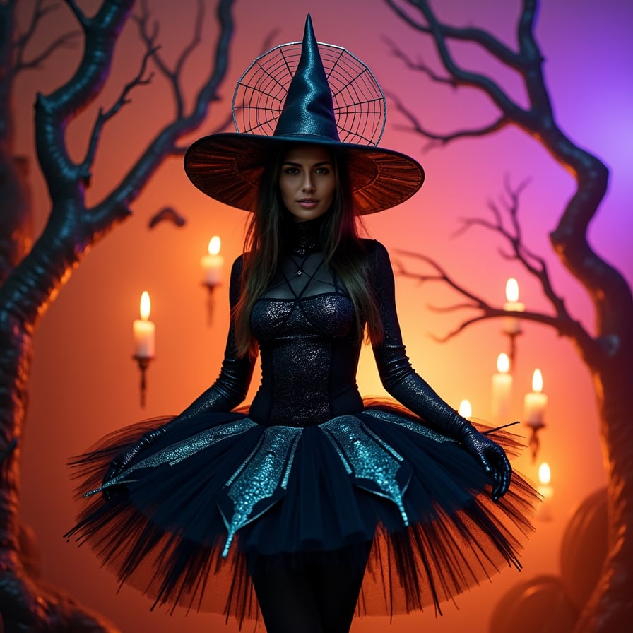 Here is a Stable Diffusion prompt for a unique Halloween outfit:

"woman in a darkly whimsical, avant-garde Halloween costume, featuring an intricately designed, oversized spider web-inspired tutu, a fitted, long-sleeved top with iridescent, holographic fabric, and a surreal, glowing halo headpiece with fluttering, delicate tendrils, set against a dramatic, dimly lit, fog-shrouded backdrop with twisted, gnarled tree branches and flickering candlelight, capturing the essence of a haunting, otherworldly Halloween spirit"