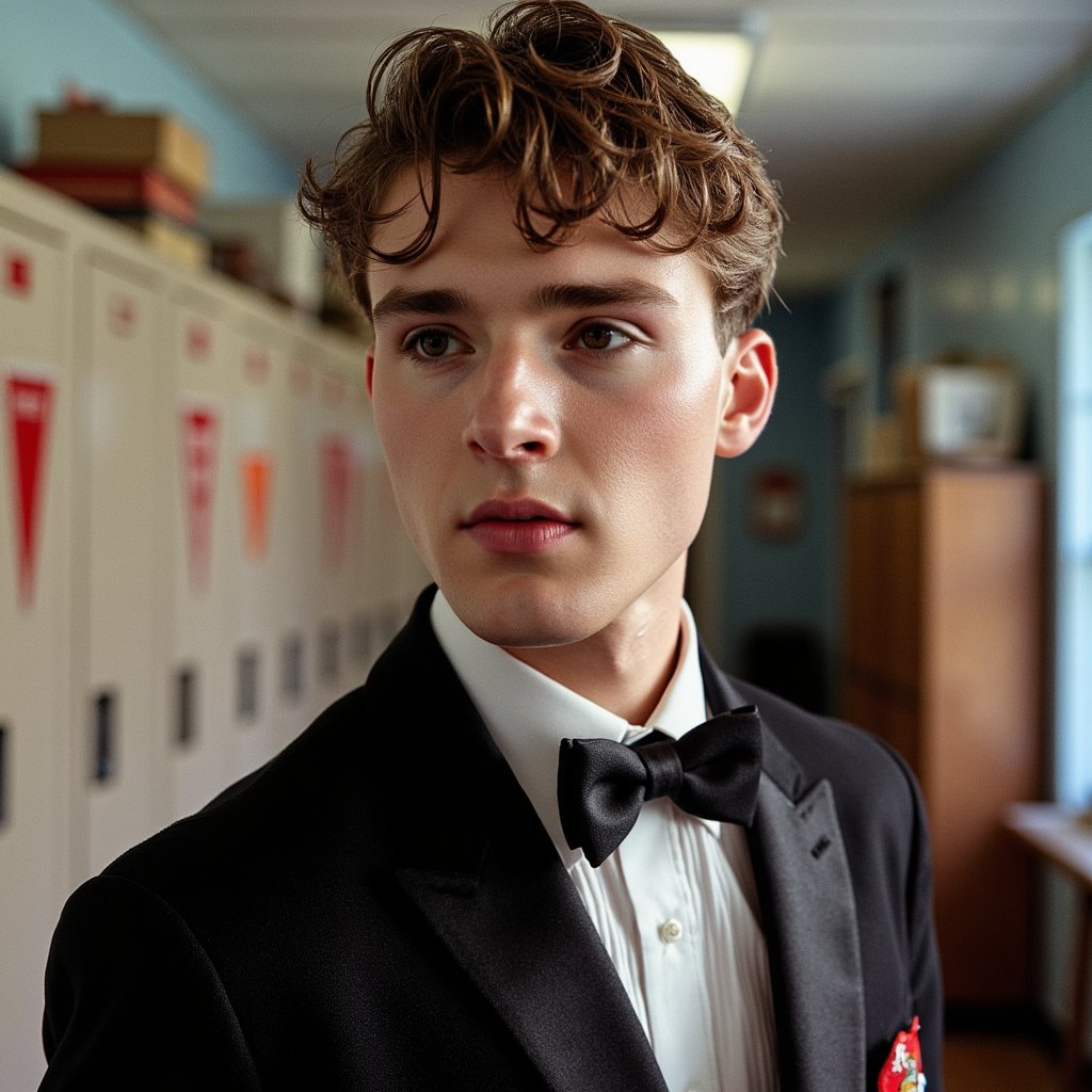 Extremely realistic 1960s male yearbook portrait in studio, shot at medium-close range (shoulders and face) with a shallow depth of field. Subject wears a classic black tuxedo with satin peak lapels and a hand-tied bow tie, crisp white dress shirt with a subtle vertical stripe pattern visible in high resolution. The tuxedo fabric reveals a matte wool finish with faint microfibers visible around the collar. His short, side-parted hair is combed back with a modest pomade shine, individual hair strands distinct near the forehead. Skin shows light peach fuzz and natural skin texture with visible pores on the nose and a slight crease beside the smile lines. Expression is soft, lips gently closed, gaze slightly off-camera with a calm intensity. Lighting is studio-based 3-point, with a key light casting smooth gradient shadows beneath the jawline and collar, and a rim light separating him from the muted blue muslin backdrop. Background is softly mottled and fades gently toward the edges for a vintage effect.
