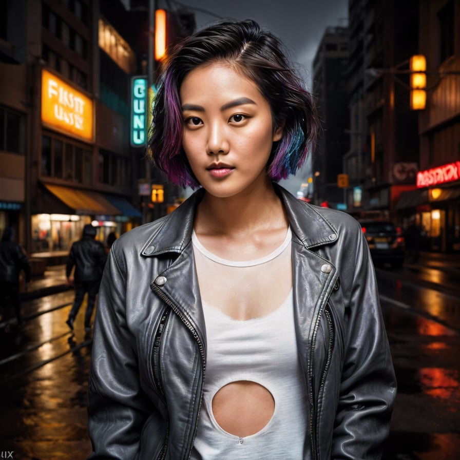 Cyber-enhanced woman, cyberpunk cityscape, neon lights, intense, cinematic.