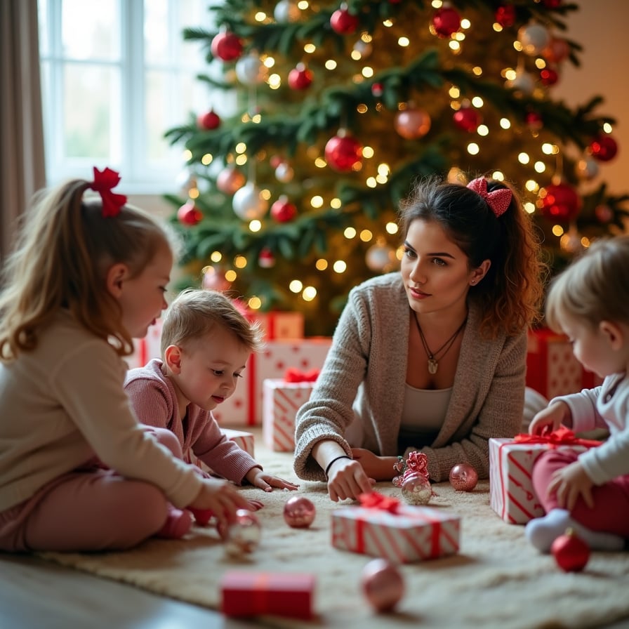 "A bright, cheerful scene with children excitedly playing on the floor, new toys scattered around them. Include glimpses of festive wrapping paper, a nearby Christmas tree, and proud family members smiling in the background."