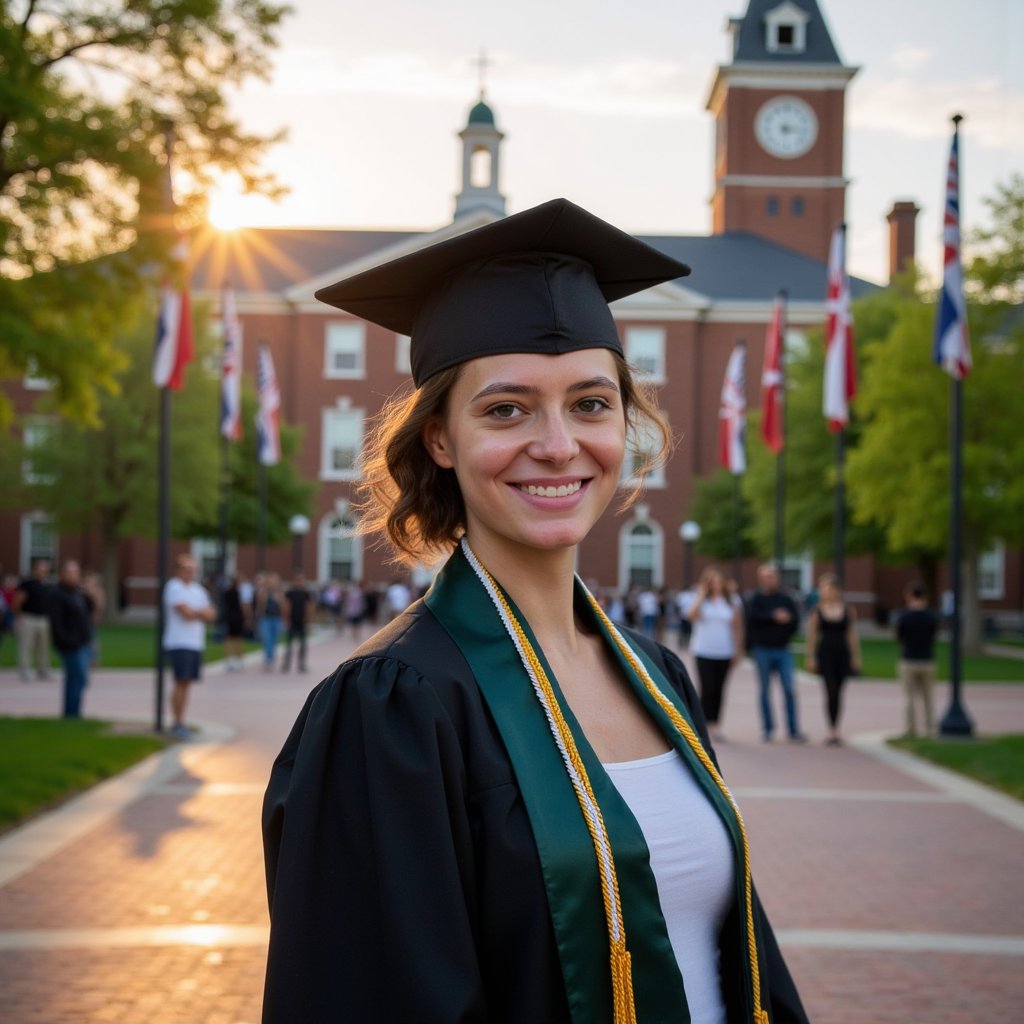 Waist-up portrait of a woman graduate on a campus quad at golden hour, shoulders angled, chin slightly lowered, soft closed-lip smile; wearing a black gown with double honor cords (gold & white) and a deep green satin stole; natural curls gathered into a low ponytail, a few tendrils framing her face; camera slightly above eye level for a flattering angle; 135mm equivalent, f/2.2, ISO 100; backlit rim light outlining the mortarboard and hair, with a large reflector in front for gentle fill; background: brick administration building, flags and spring foliage blurred into warm bokeh; texture notes: subtle stitching along the stole edge, fabric grain on the gown sleeves, tassel threads separated; minimal clutter, buttery background, skin texture preserved, highly detailed, highly realistic, HDR.