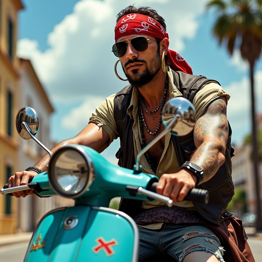 man gripping handlebars of a Vespa scooter, dressed in casual riding gear, against a scenic urban backdrop