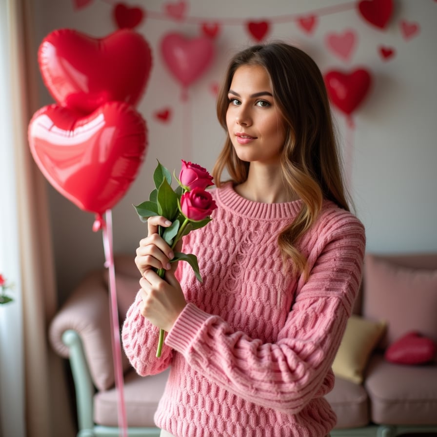 A model wearing a cute, pink Valentine's Day sweater, holding a heart-shaped balloon in a room filled with romantic decorations.