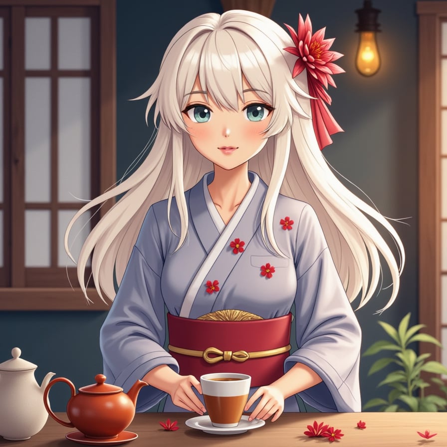 A serene woman with glowing white hair, dressed in a traditional kimono decorated with sakura petals. She serves tea to weary travelers in a mystical tea house hidden between worlds, her eyes holding secrets of a thousand years.