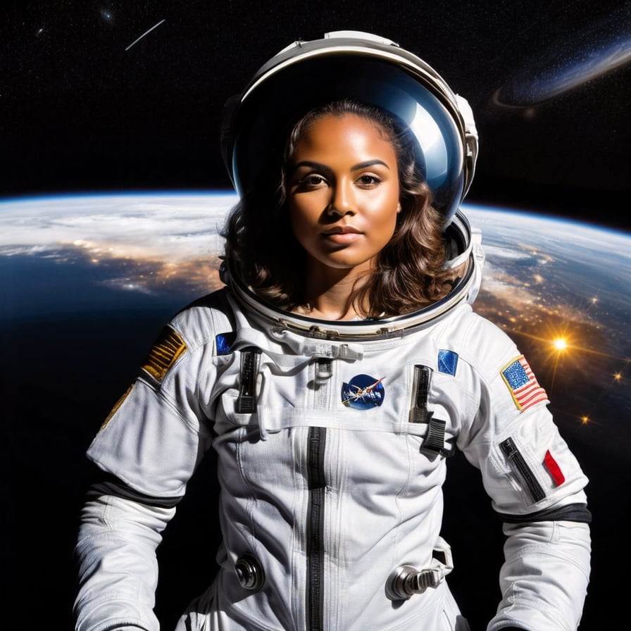 Heroic astronaut, white suit, Earth’s orbit backdrop, reflective visor.