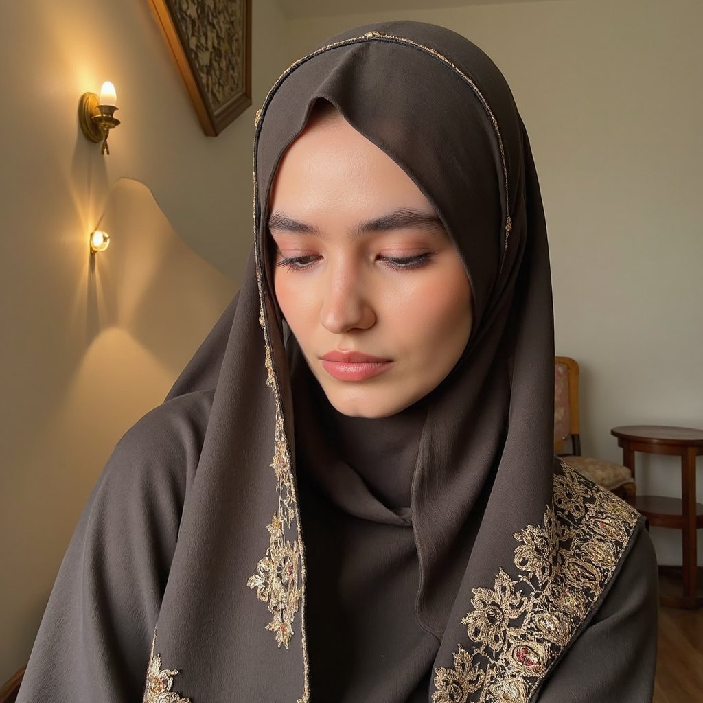 Close-up headshot of a woman in an elegant hijab with gold embroidery, eyes closed in reflection, soft background lights resembling Mawlid night ambiance