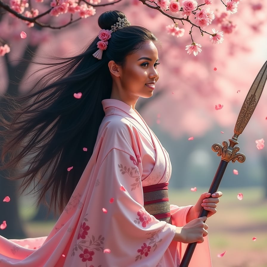 A warrior princess with long, flowing black hair stands beneath a massive cherry blossom tree, gripping a beautifully crafted spear. Her ornate armor gleams in the soft pink light, and the petals swirl around her like a storm.