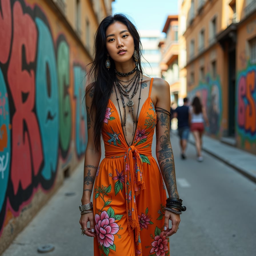 woman in a vibrant, flowing maxi dress with colorful floral patterns, walking down a lively city street, surrounded by eclectic street art and vintage buildings, under the warm glow of natural light.