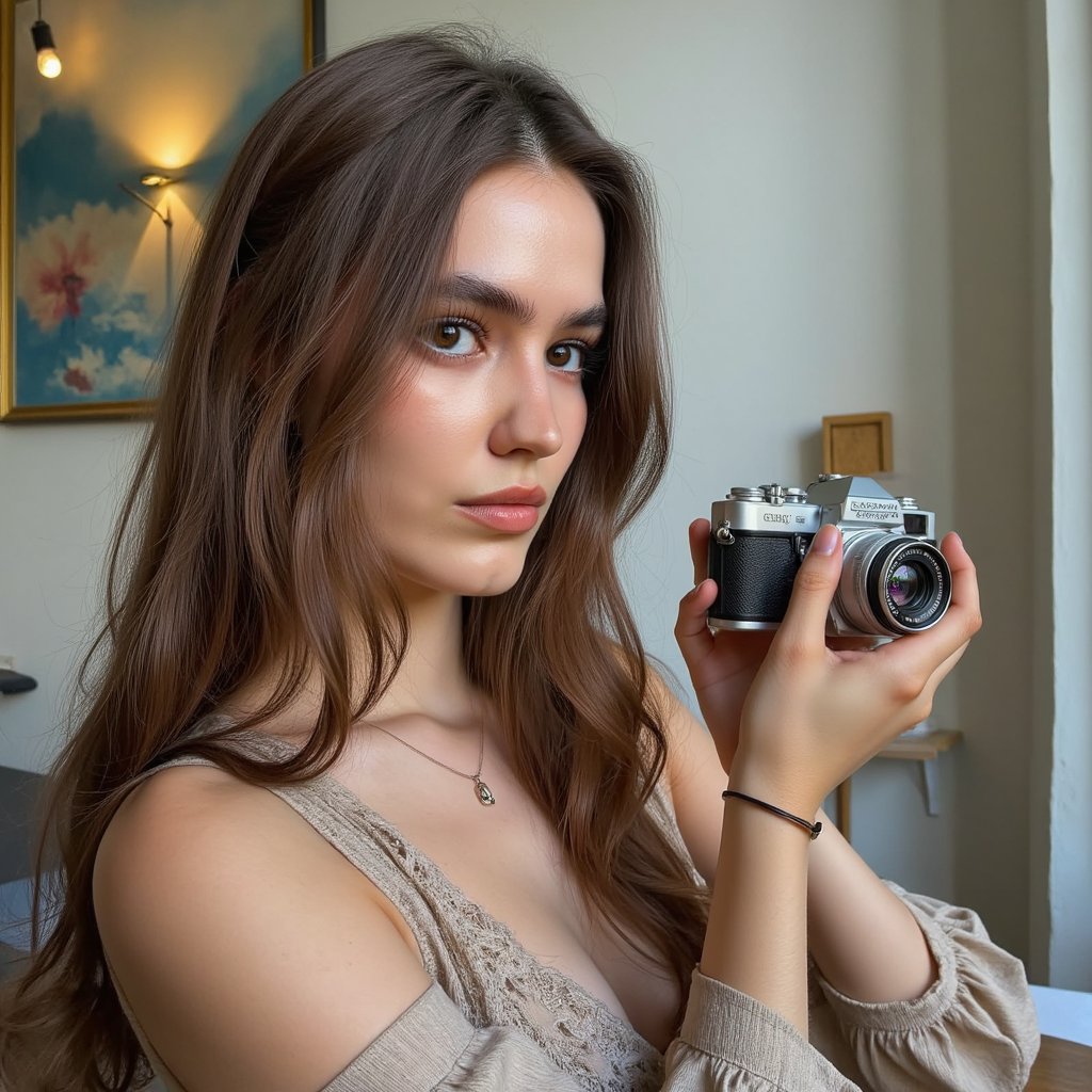Stylized headshot of a photographer in action, mid-click with camera raised, blurred background, focus on intent gaze and posture, celebrating World Photography Day