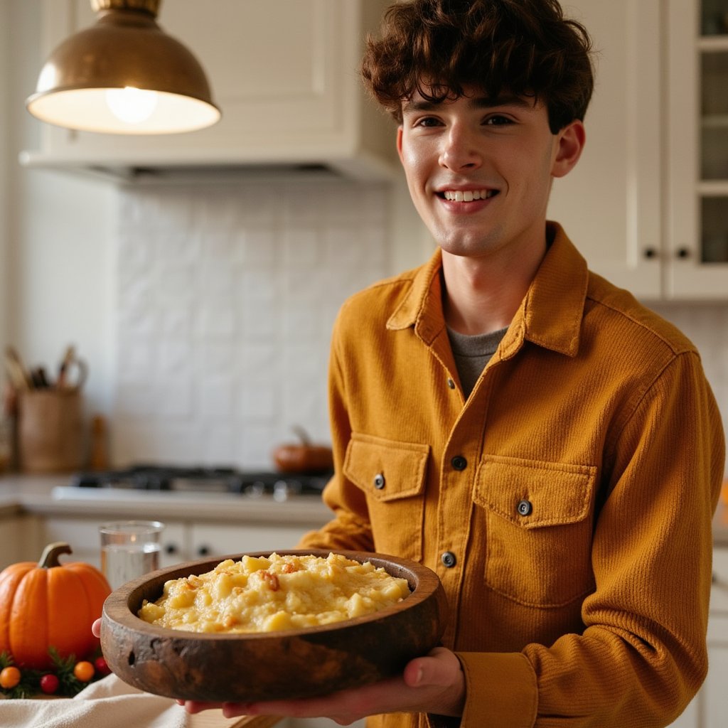 Highly realistic, highly detailed HDR image of a young Asian man (male, ~32 yrs) standing at a home kitchen island, waist-up, camera at slight side angle (~30°) from his left. He is wearing a mustard-yellow button-down flannel shirt with rolled-up sleeves and dark jeans (just barely visible), sleeves pushed up to forearms; his hair is dark brown, short on sides, slightly tousled top. Kitchen lighting: warm overhead pendant lights plus ambient daylight from a window behind the camera; soft highlights on his face and shirt. He is holding a carved-wood serving tray filled with mashed-potatoes-and-gravy bowl, slightly tilting forward as though offering it to someone. Facial detail: bright smile, teeth visible, light stubble, natural skin texture, warm brown eyes. Background: shallow depth of field blurs kitchen cabinets, a decorative pumpkin and autumn garland on the countertop behind; minimal clutter — a single glass of water and a linen napkin. Shirt fabric texture visible: flannel weave, rolled sleeves show wear. The image conveys friendly host, inviting Thanksgiving warmth.