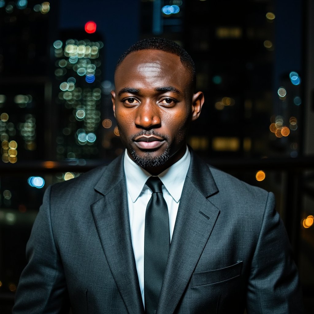 A cinematic modern thriller-style portrait of a man (early 40s) inside a high-rise office at night, waist-up, camera at slightly elevated angle, looking down subtly. Hair: short, clean haircut, salt-and-pepper at temples. Face: realistic skin texture, faint crow’s feet, controlled expression with restrained intensity, eyes looking directly at camera through reflections. Wardrobe: tailored dark gray suit, fine wool texture visible, crisp white shirt, matte black tie slightly loosened. Lighting: cool overhead key light, sharp reflections from floor-to-ceiling glass, soft city lights outside forming abstract bokeh patterns. Background: blurred city skyline through glass, reflections partially crossing the subject’s face, no readable buildings or signs. Camera: 70mm lens, f/2.8, controlled sharpness, clean cinematic contrast. Highly detailed, highly realistic, HDR quality, cinematic corporate noir tone, minimal clutter.