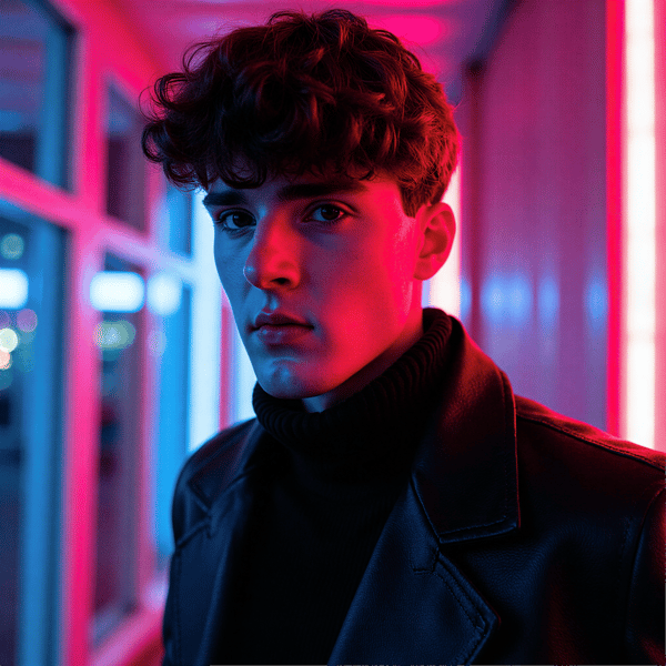 A male subject standing in an urban environment illuminated by neon lights, captured in a waist-up portrait with slight angle. Clothing reflects colored light realistically. Skin texture shows pores and highlights. Lighting includes pink and blue neon glow. Background features blurred city lights. Composition is modern and vibrant, highly detailed, highly realistic, HDR quality.