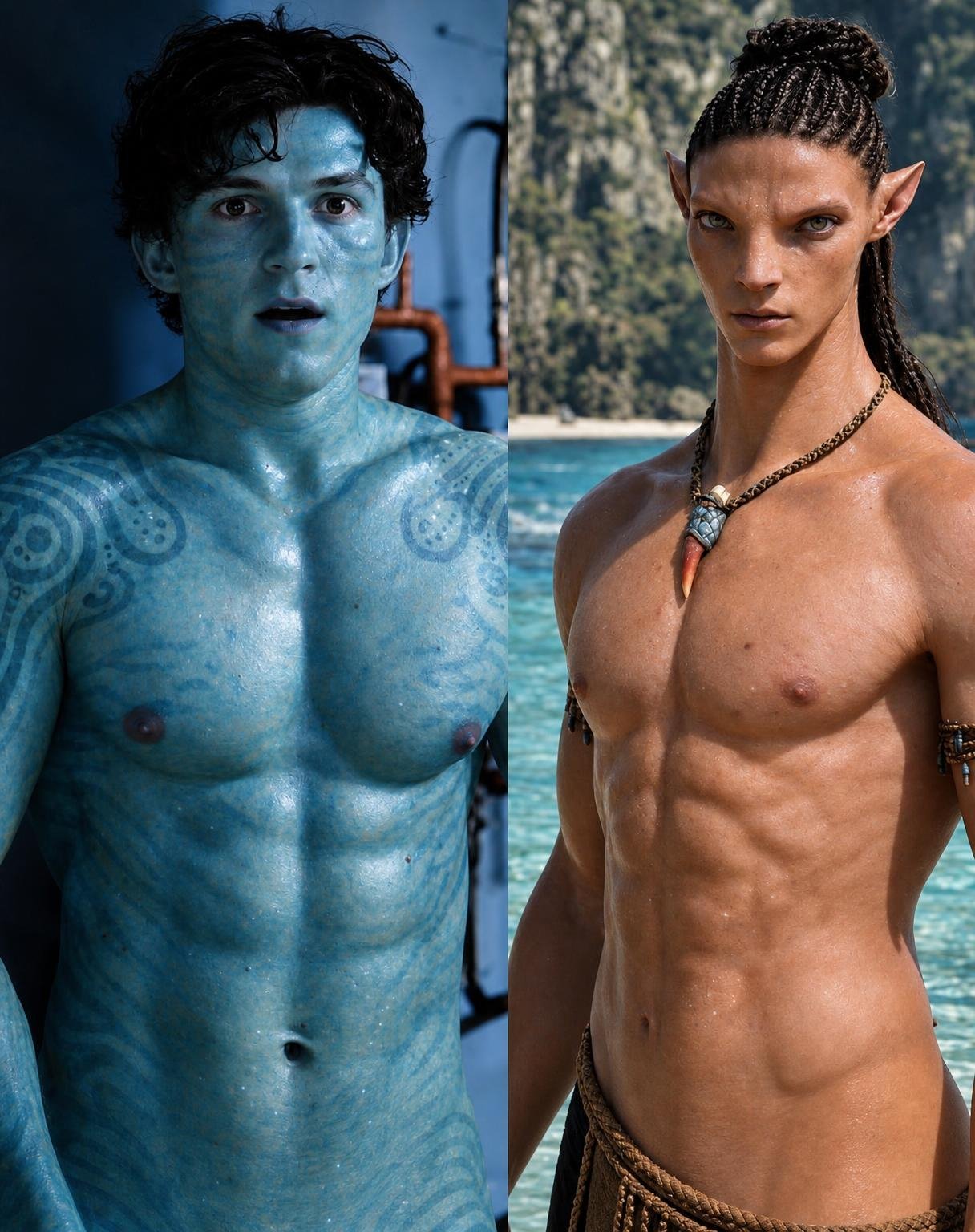 Swap only the complete skin appearance between the two adult male characters in this split-screen image.
LEFT CHARACTER: Change his natural human skin into authentic Na’vi-style skin. Apply a rich cyan-blue base colour consistently across his face, ears, neck, shoulders, chest, arms and every visible area of skin. Transfer the darker blue organic stripe patterns, subtle mottled texture and tiny bioluminescent freckles from the right character onto his skin. Adapt the markings naturally to his existing human facial structure and muscular body. Keep his normal human ears, nose, eyes, face, hairstyle and anatomy unchanged—do not turn him physically into a Na’vi.
RIGHT CHARACTER: Replace his blue Na’vi skin with the exact natural warm human skin tone taken from the left character. Apply it consistently across his face, pointed ears, neck, chest, shoulders, arms and every visible area of skin. Completely remove all blue colouring, stripes, patterned markings, mottled texture and bioluminescent freckles. Preserve his original Na’vi facial structure, pointed ears, nose, eyes, hairstyle, braids, jewellery and anatomy.
Strictly preserve both characters’ facial identities, expressions, hairstyles, body proportions, muscular definition, poses, camera angles, lighting, backgrounds, accessories and the exact split-screen layout. Do not swap their faces, bodies, hairstyles, clothing, jewellery, locations or physical features.
Make both skin transformations seamless and ultra-photorealistic, with realistic pores, highlights, shadows, wet-skin texture and natural colour interaction with each character’s original lighting.
Change only their skin colours, skin patterns, stripes and bioluminescent markings. No text, labels, borders, watermark, collage changes or additional elements.